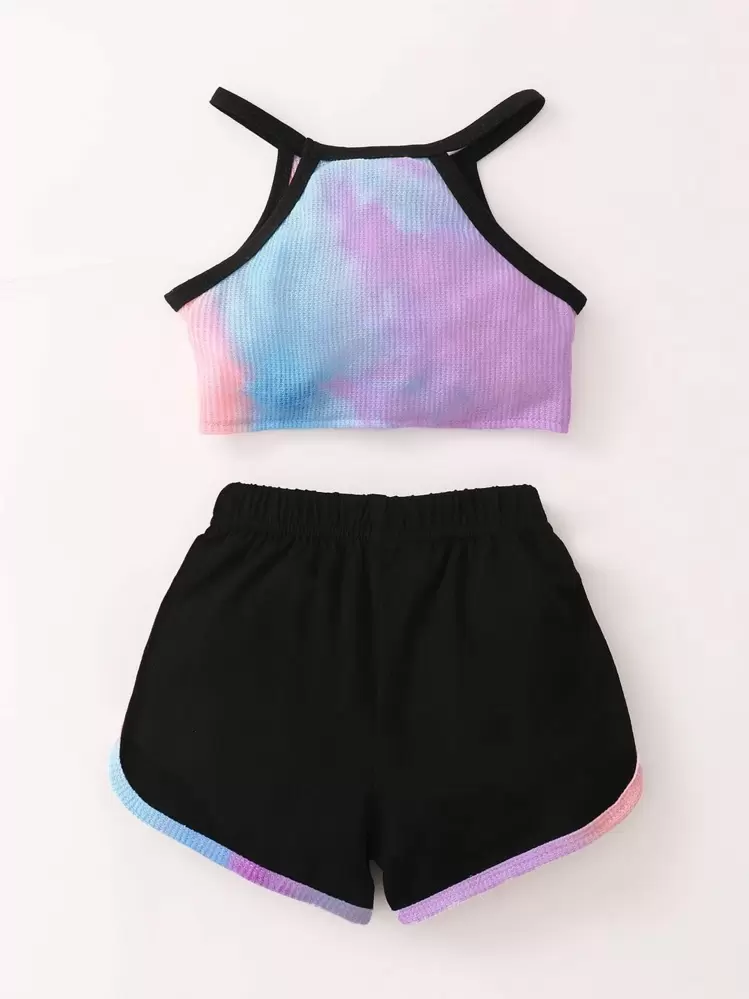 Baby Tie Dye Knot Front Cami Top & Contrast Binding Shorts - Multicolor - View 2
