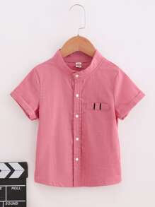 SHEIN Áo sơ mi bé trai Đắp vá Nút phía trước màu trơn Giải trí - Bụi hồng - Xem 1