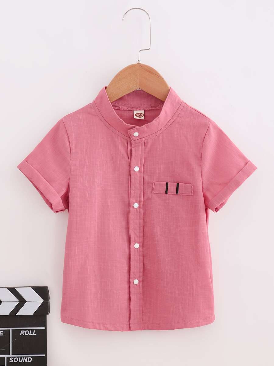 SHEIN Áo sơ mi bé trai Đắp vá Nút phía trước màu trơn Giải trí - Bụi hồng - Xem 1