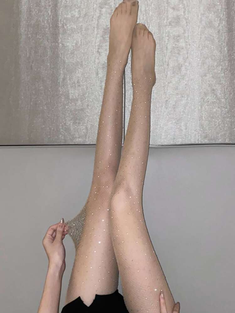 Rhinestone Decor Fishnet Tights - Beige - View 1