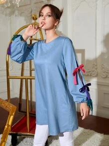 holiCHIC Bow Detail Split Sleeve Blouse - Dusty Blue - View 3