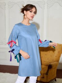 holiCHIC Bow Detail Split Sleeve Blouse - Dusty Blue - View 6