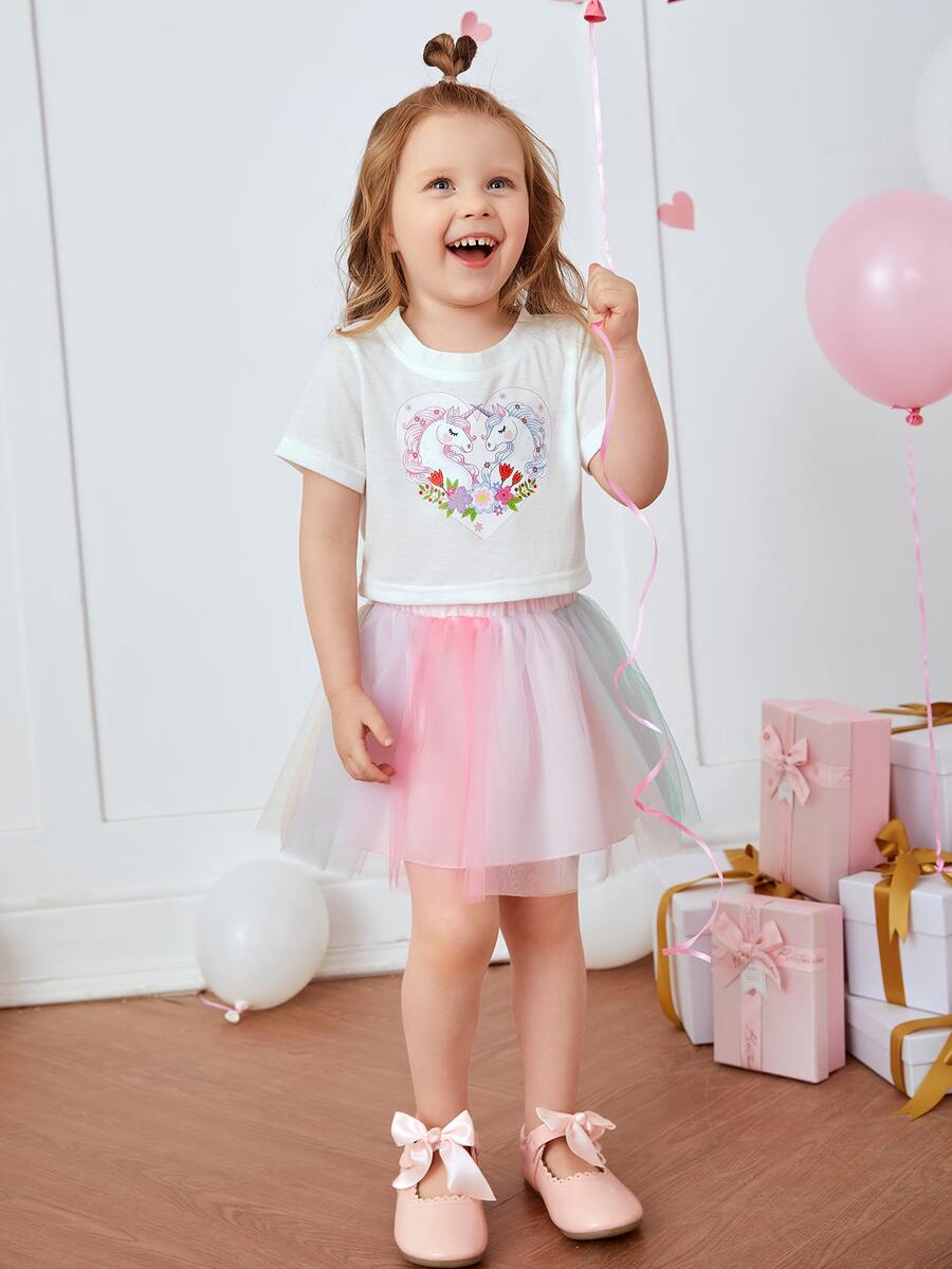 小女童獨角獸印花T恤和漸層網紗半身裙 - 彩色 - 查看 1