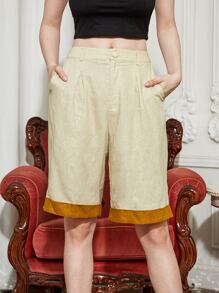 SARI Quần đùi nữ Nút Túi Dây kéo Khối Màu Giải trí - Màu Khaki - Xem 1