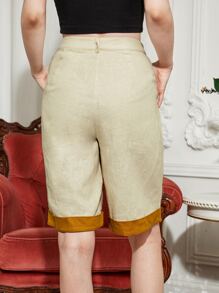 SARI Quần đùi nữ Nút Túi Dây kéo Khối Màu Giải trí - Màu Khaki - Xem 2