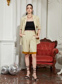 SARI Quần đùi nữ Nút Túi Dây kéo Khối Màu Giải trí - Màu Khaki - Xem 3