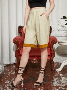 SARI Quần đùi nữ Nút Túi Dây kéo Khối Màu Giải trí - Màu Khaki - Xem 5