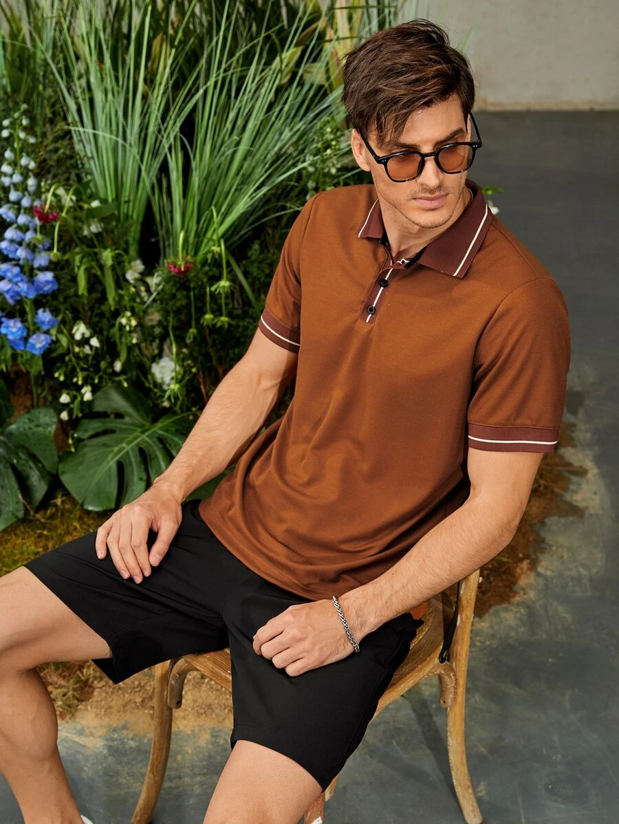 Manfinity Homme Men Single Striped Trim Polo Shirt - Brown - View 1