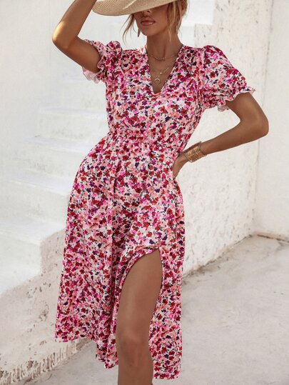 FloralPrintPuffSleeveSplitThighDress - Shein Best Sellers