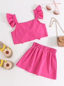 小女童荷葉邊前蝴蝶結上衣和裙子 - 玫紅色 - 查看 2