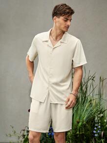 Manfinity Men Solid Button Front Shirt & Shorts - Beige - View 1