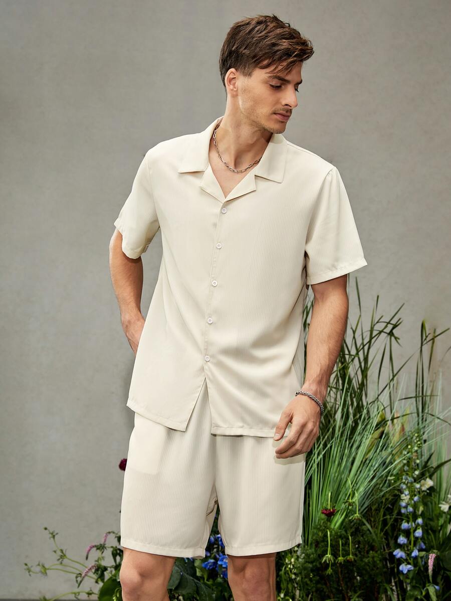 Manfinity Men Solid Button Front Shirt & Shorts - Beige - View 1