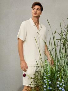 Manfinity Men Solid Button Front Shirt & Shorts - Beige - View 3