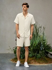 Manfinity Men Solid Button Front Shirt & Shorts - Beige - View 4