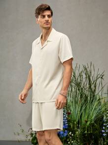 Manfinity Men Solid Button Front Shirt & Shorts - Beige - View 5