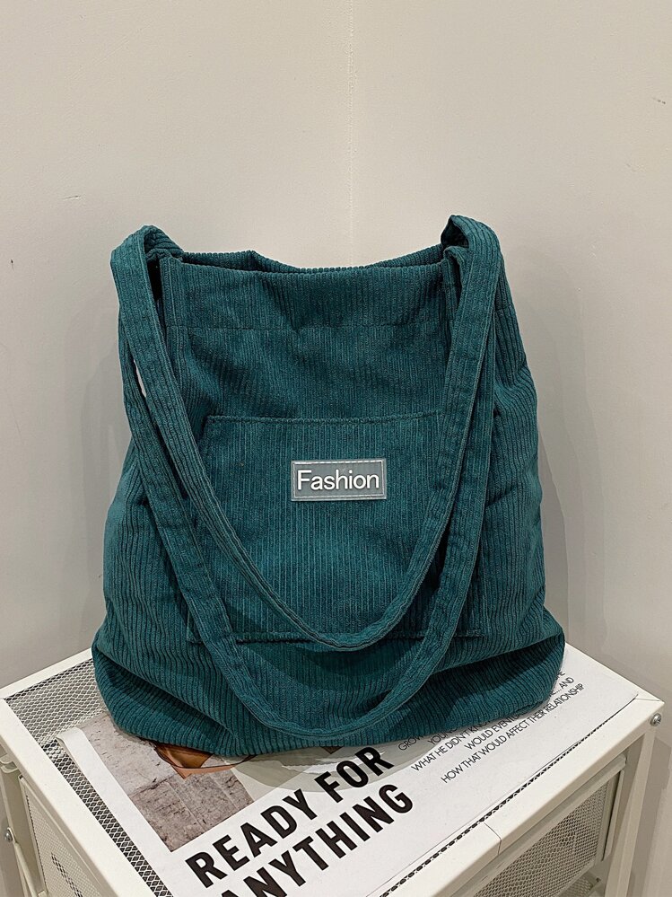 Corduroy Tote Bag With Large Capacity, Shoulder Bag - Teal Blue - View 1