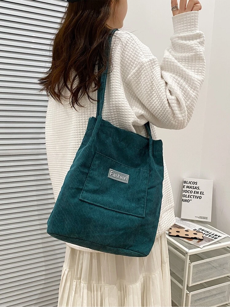 Corduroy Tote Bag With Large Capacity, Shoulder Bag - Teal Blue - View 2