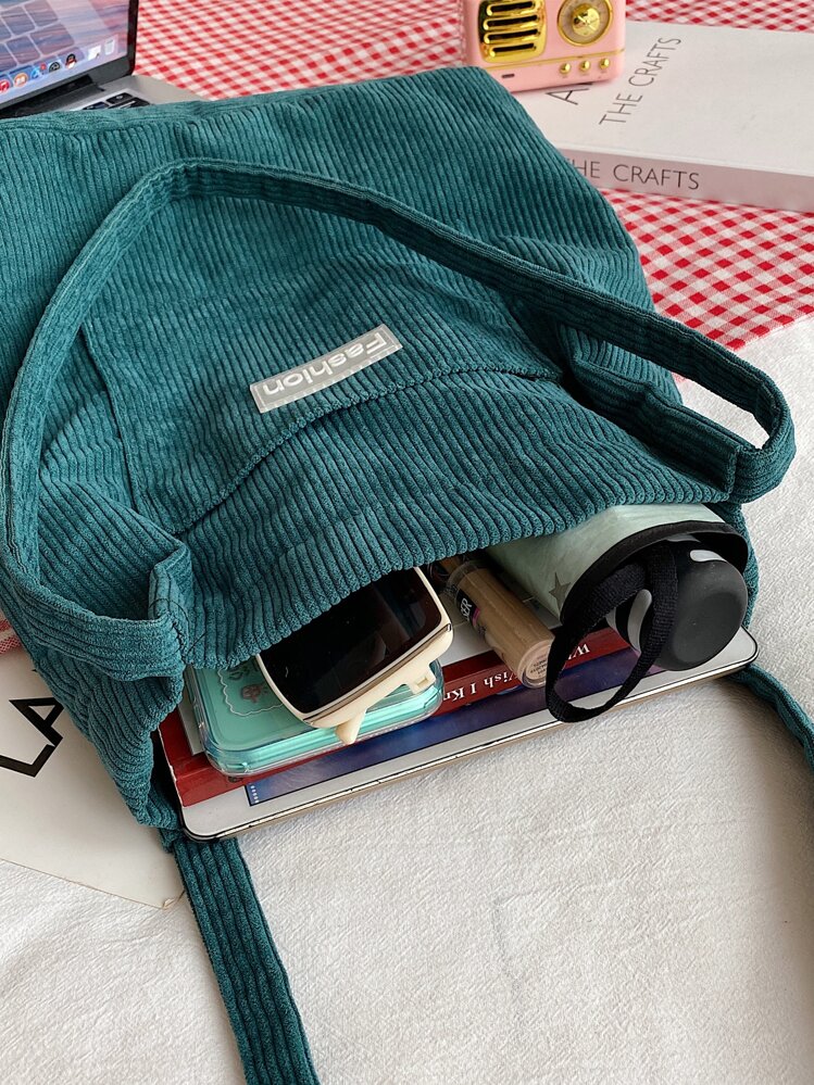 Corduroy Tote Bag With Large Capacity, Shoulder Bag - Teal Blue - View 3