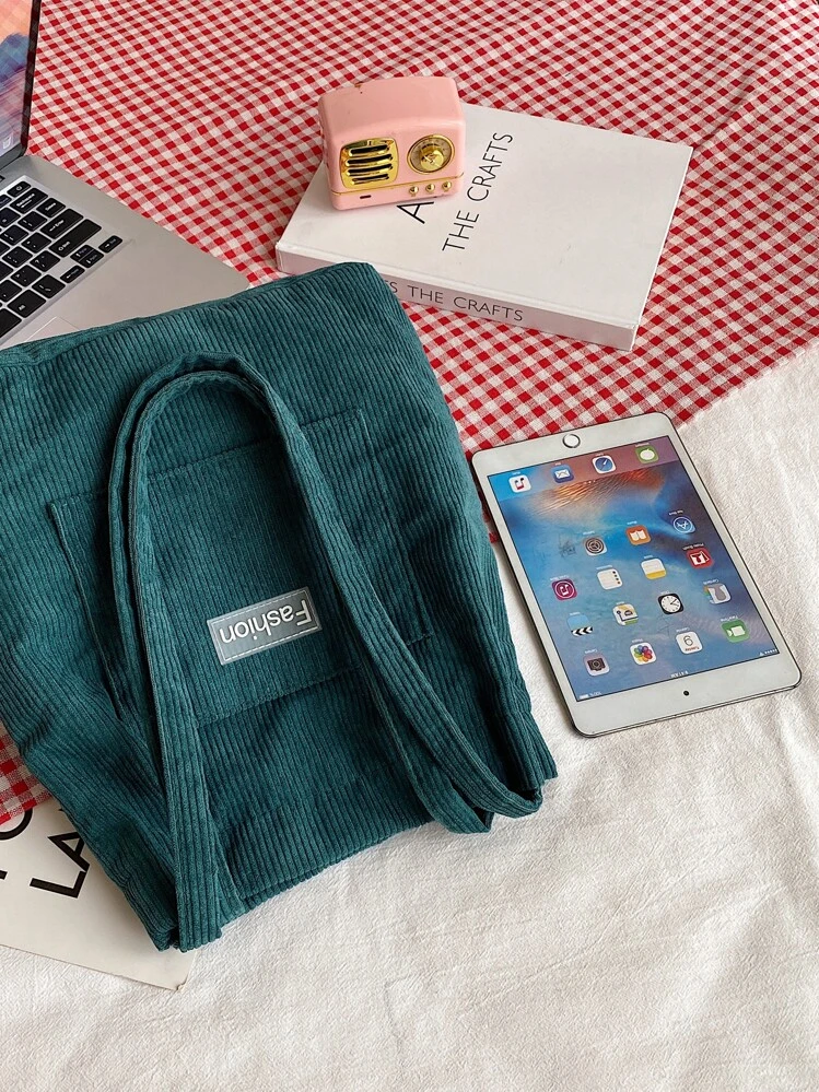 Corduroy Tote Bag With Large Capacity, Shoulder Bag - Teal Blue - View 4