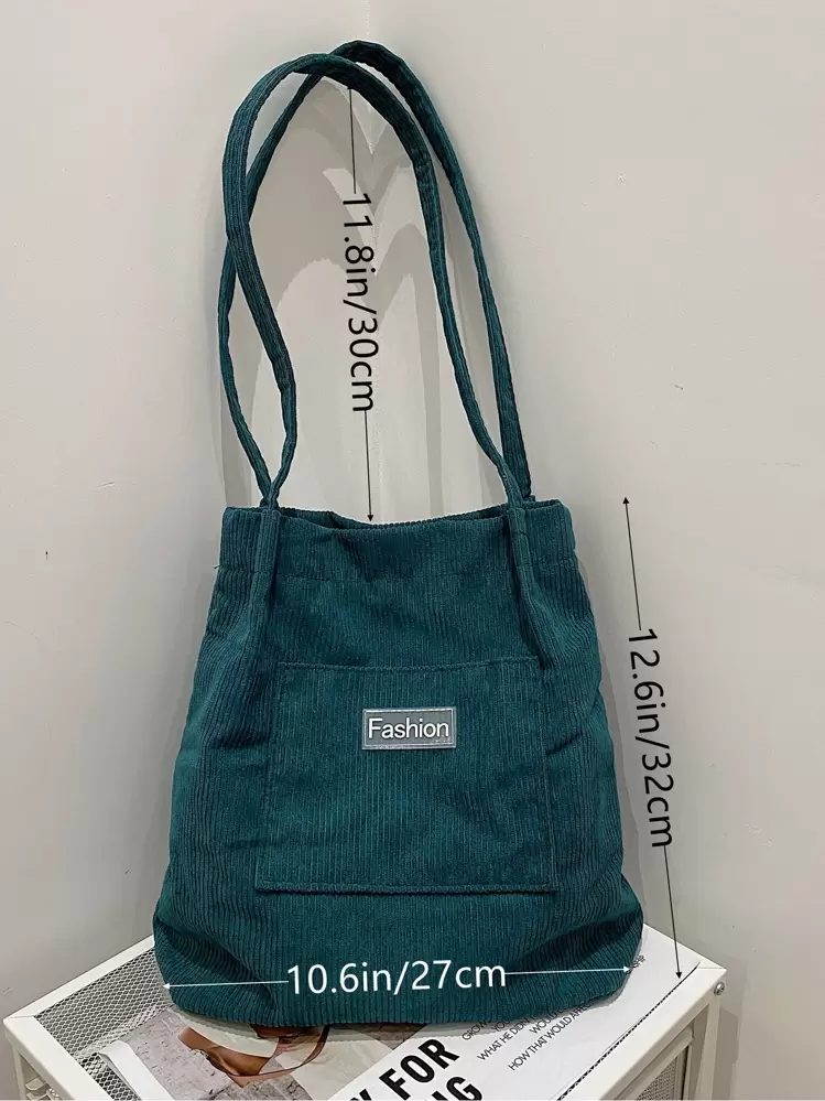 Corduroy Tote Bag With Large Capacity, Shoulder Bag - Teal Blue - View 5