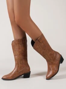 Western Cowgirl Boot With Embroidery, Mid-Calf, Chunky Heel, European & American Style - Brown - View 3