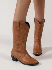 Western Cowgirl Boot With Embroidery, Mid-Calf, Chunky Heel, European & American Style - Brown - View 4