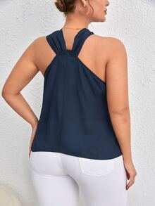 SHEIN Frenchy Áo hai dây Plus Size xoắn lại màu trơn Giải trí - Màu xanh hải quân - Xem 2