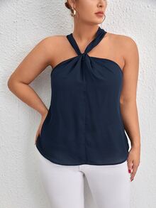 SHEIN Frenchy Áo hai dây Plus Size xoắn lại màu trơn Giải trí - Màu xanh hải quân - Xem 3
