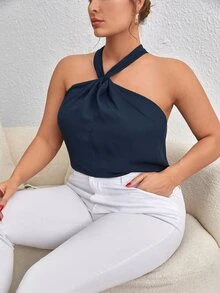 SHEIN Frenchy Áo hai dây Plus Size xoắn lại màu trơn Giải trí - Màu xanh hải quân - Xem 4