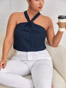 SHEIN Frenchy Áo hai dây Plus Size xoắn lại màu trơn Giải trí - Màu xanh hải quân - Xem 5