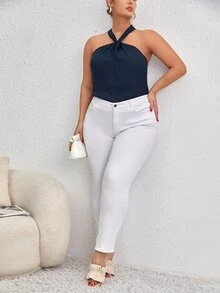 SHEIN Frenchy Áo hai dây Plus Size xoắn lại màu trơn Giải trí - Màu xanh hải quân - Xem 6