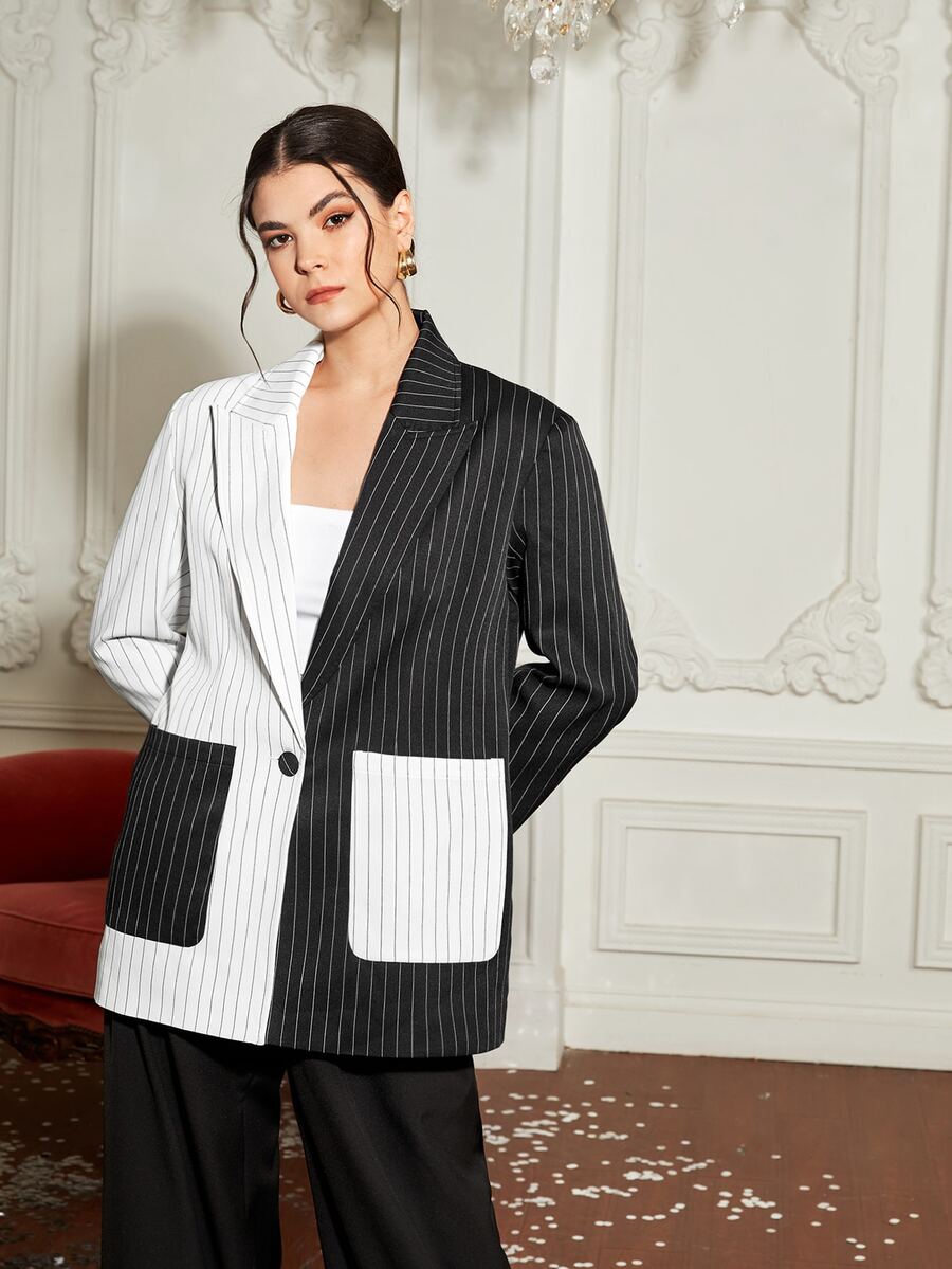 ALF Studio Notched Collar Pocket Patched Spliced Striped Blazer - Black and White - View 1
