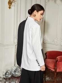 ALF Studio Notched Collar Pocket Patched Spliced Striped Blazer - Black and White - View 2