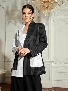 ALF Studio Notched Collar Pocket Patched Spliced Striped Blazer - Black and White - View 5