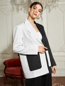 ALF Studio Notched Collar Pocket Patched Spliced Striped Blazer - Black and White - View 6