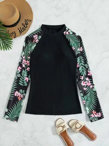 SHEIN Swim Summer Beach Plant Print High Neck Tankini Swim Shirt With Long Sleeve - Multicolor - View 3