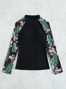 SHEIN Swim Summer Beach Plant Print High Neck Tankini Swim Shirt With Long Sleeve - Multicolor - View 4