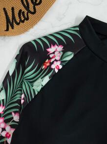 SHEIN Swim Summer Beach Plant Print High Neck Tankini Swim Shirt With Long Sleeve - Multicolor - View 6