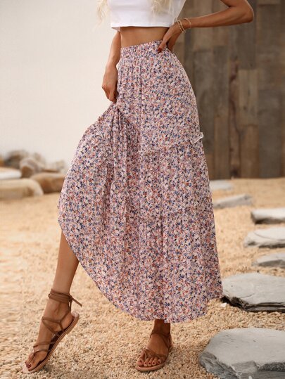 Ditsy Floral Ruffle Hem Skirt Maxi Vacation Beach Outfits Women Fall Cloth For Women
