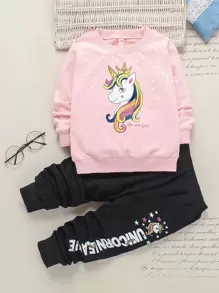 小女童字母和獨角獸印花套頭衫和衛褲 - 彩色 - 查看 1