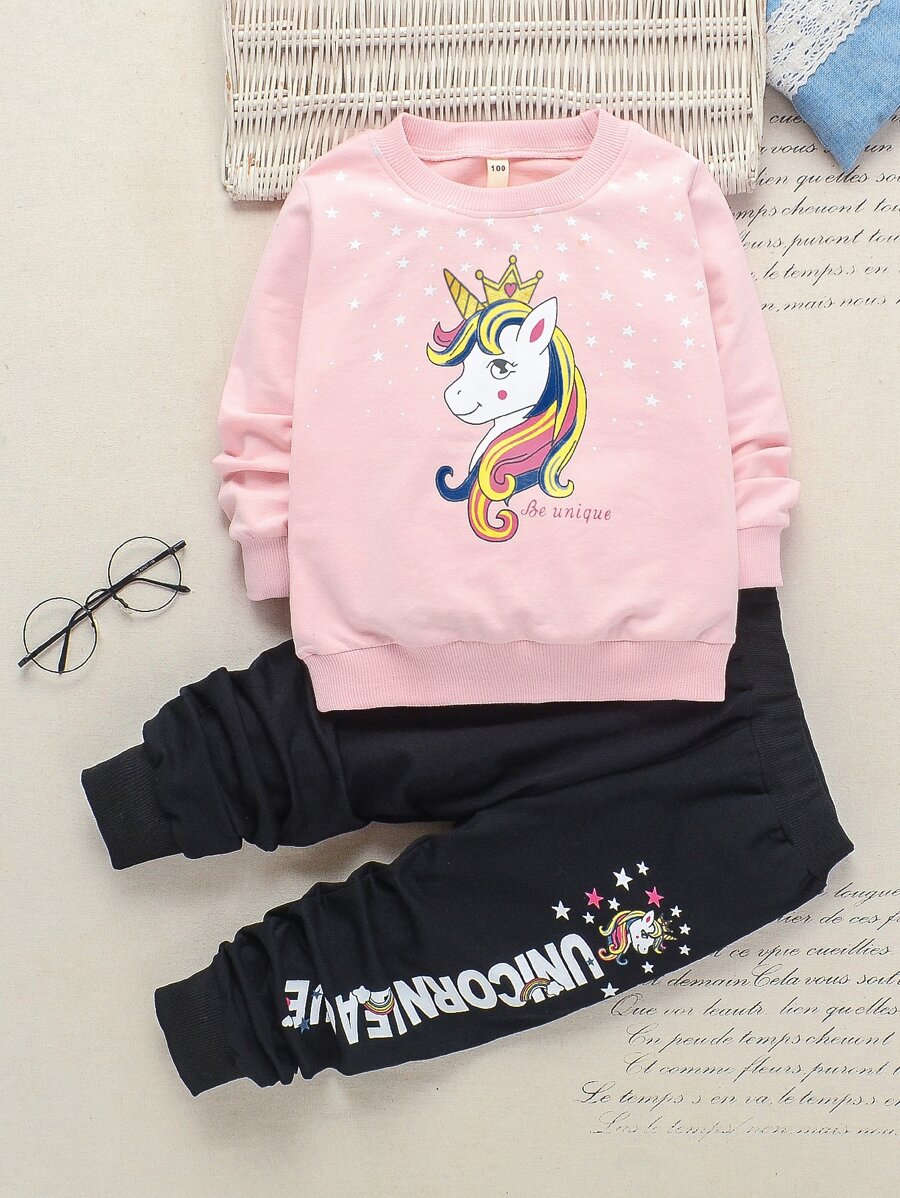 小女童字母和獨角獸印花套頭衫和衛褲 - 彩色 - 查看 1