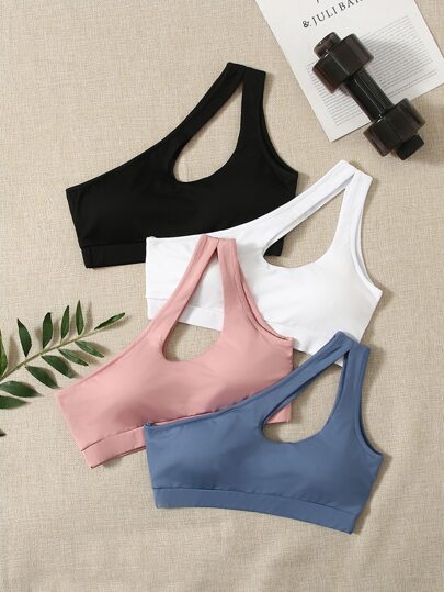4pcs Medium Support  Cut Out One Shoulder Sports Bra