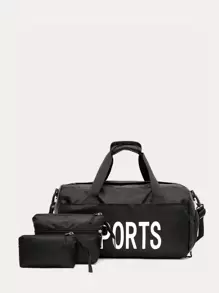 MINGHONG 3入組套旅行包零錢包字母圖案尼龍書包套裝大學包套裝高中生研究生大學新生大二學生通勤、戶外、徒步旅行 - 黑色 - 查看 1