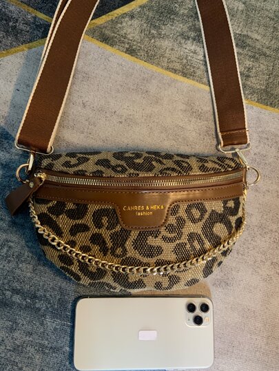 Millennial Vintage Chain Decor Houndstooth & Leopard Print Shoulder & Waist Bag, Leopard Print Bag, Animal Print Women Bag