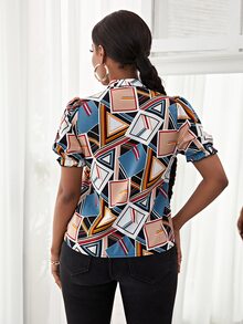 SHEIN SXY 幾何印花泡泡袖襯衫 - 彩色 - 查看 2
