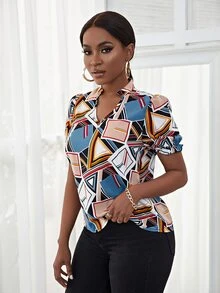 SHEIN SXY 幾何印花泡泡袖襯衫 - 彩色 - 查看 4