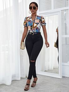 SHEIN SXY 幾何印花泡泡袖襯衫 - 彩色 - 查看 5