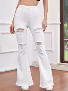 SHEIN Frenchy Jeans de pierna amplia de talle alto con diseño de desgarro - Blanco - Ver 3