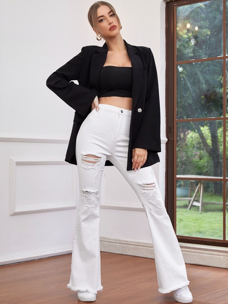 SHEIN Frenchy Jeans de pierna amplia de talle alto con diseño de desgarro - Blanco - Añade 5