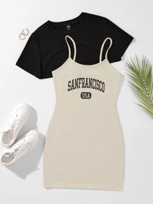 SHEIN Unity 高低下擺短款T恤和字母圖案吊帶洋裝 - 彩色 - 查看 1